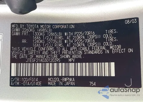 2003 Toyota Highlander V6 z USA, uszkodzony, nr VIN JTEGF21A030120395